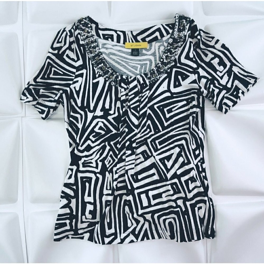 St John Sz S Embellished Rhinestone Studded Pleated Geo Print Tee Blouse Women
